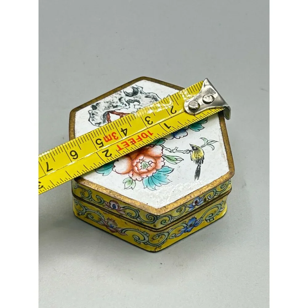 Vintage Antique Hexagon Chinese Enamel Trinket Box Yellow Flowers and Bird